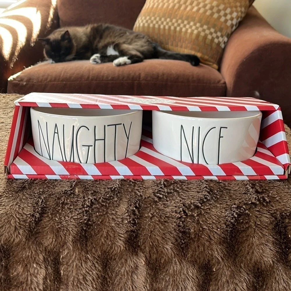 Brand New Rae Dunn 6” Dog Cat Pet Food Bowls Ceramic Naughty Nice Christmas